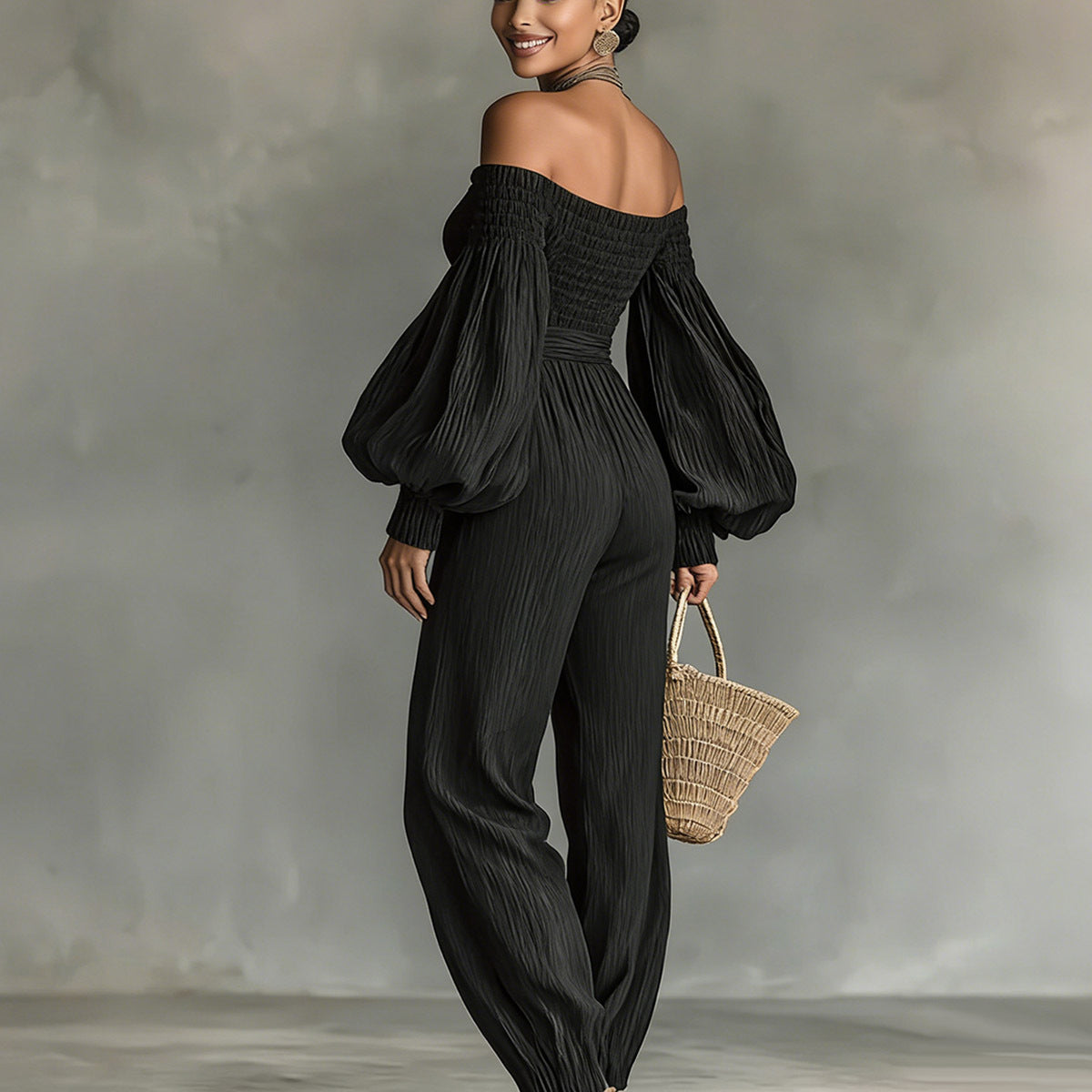 Style Off-Shoulder Lantern Sleeve Pleated Loose Jumpsuit for Women