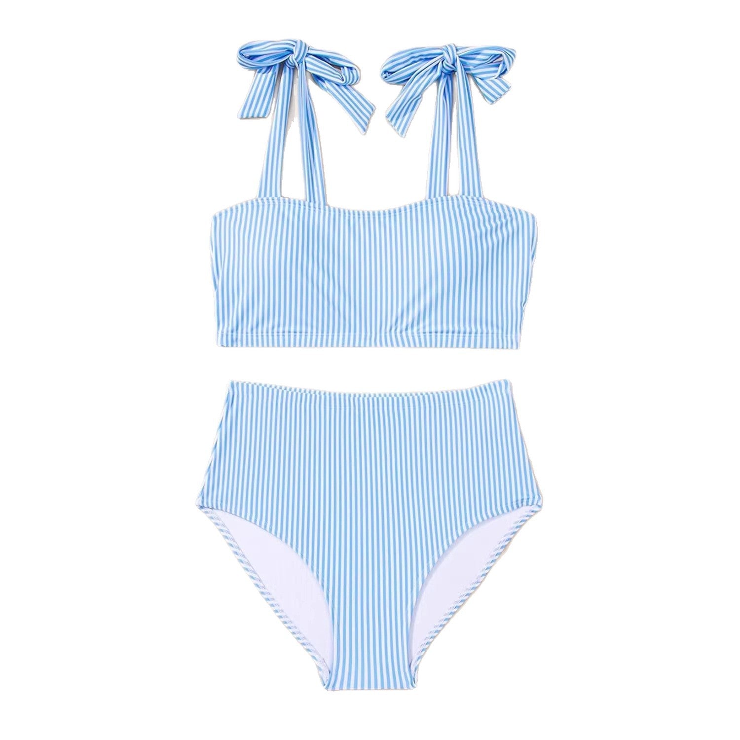 Women's Striped Bikini Set with Tie-Shoulder Design, High-Waisted Two-Piece Swimsuit