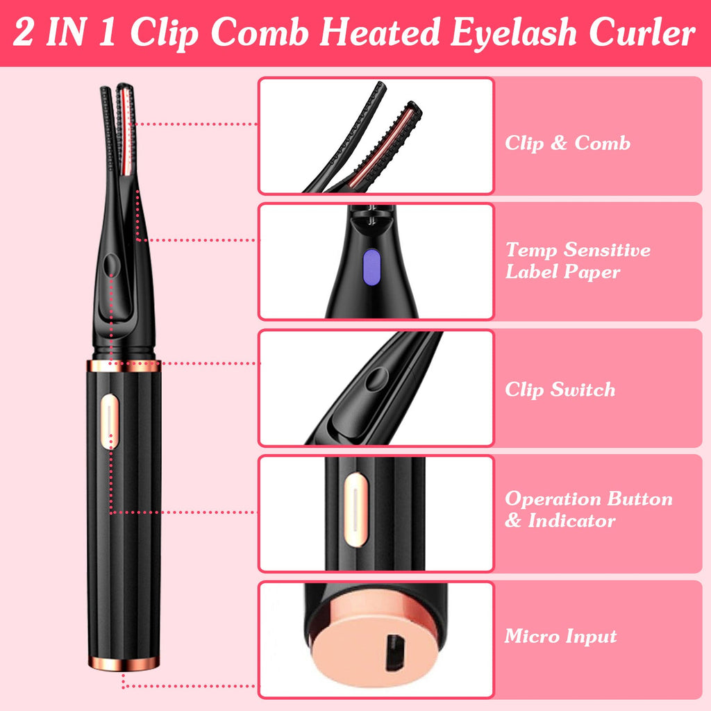 2 In 1 Clip Comb Heated Eyelash Curler Electric Mini Lash Curler Natural Eye Lash Makeup Tool with 3 Temp Settings 15Mins Shutdown