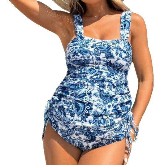 Women's printed pleated camisole one-piece swimsuit