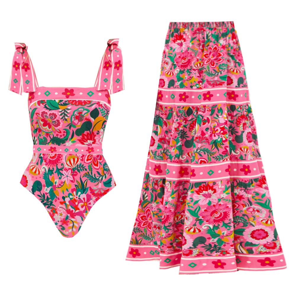 Print  Strap  Bow Detail  One-piece  Women's Swimwear