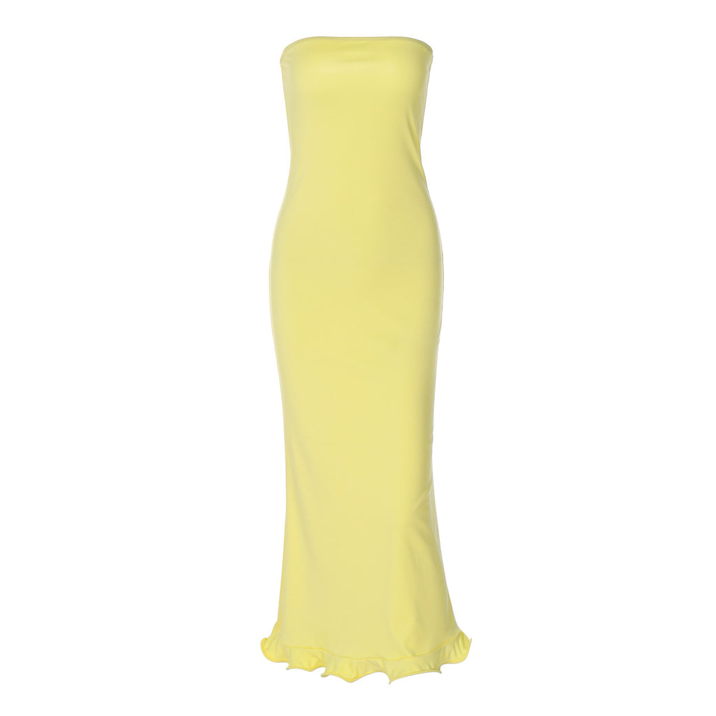 Solid color new sexy strapless long, slim fit, big wave skirt hem dress for women