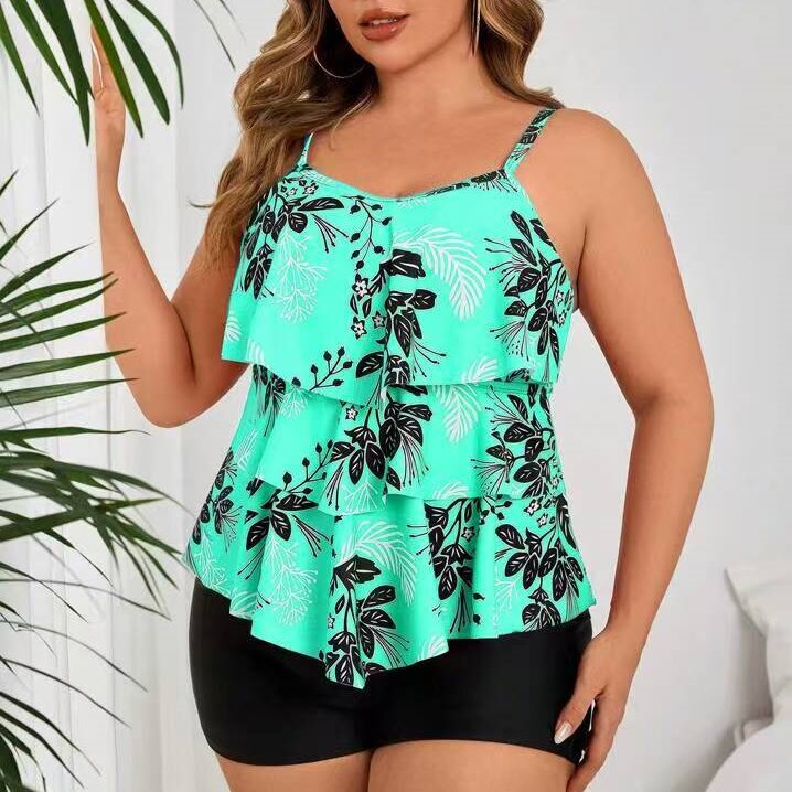 Loose camisole with ruffled edge printed Tankini