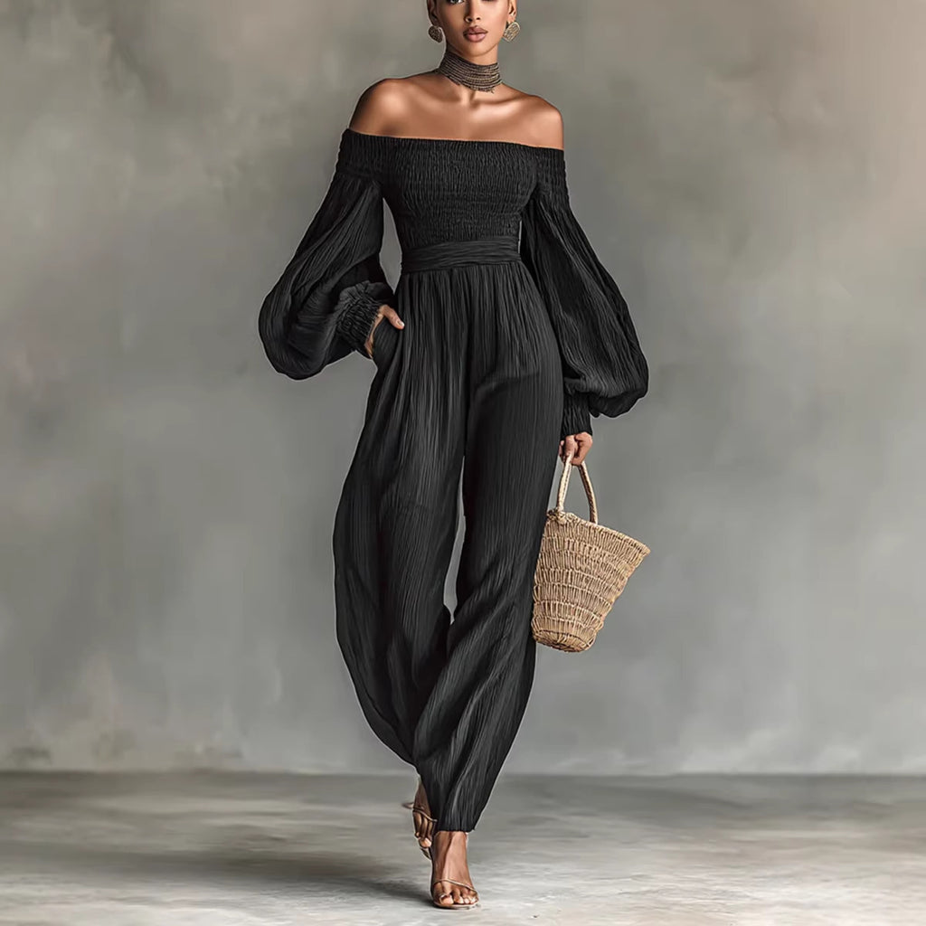 Style Off-Shoulder Lantern Sleeve Pleated Loose Jumpsuit for Women