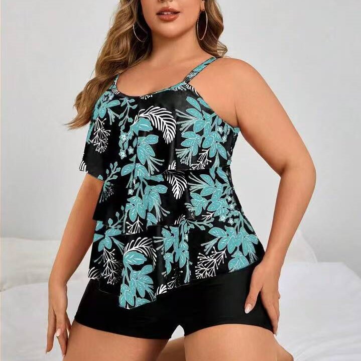 Loose camisole with ruffled edge printed Tankini