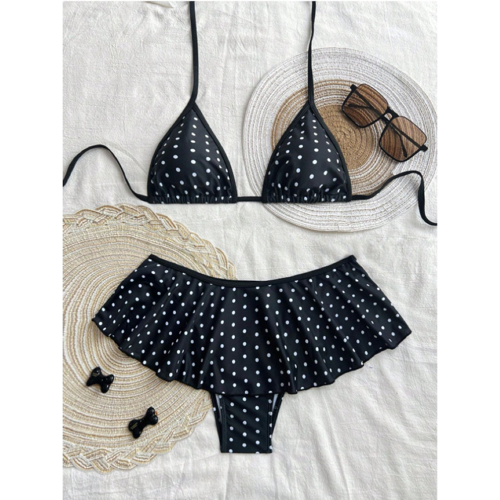 Sexy Tie-Back Ruffle Polka Dot Bikini Set with Strappy Top