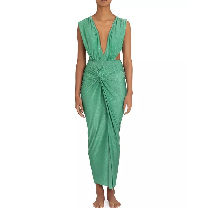 Solid Color Strapless Shiny Fabric One-Piece Women's Swimwear Set
