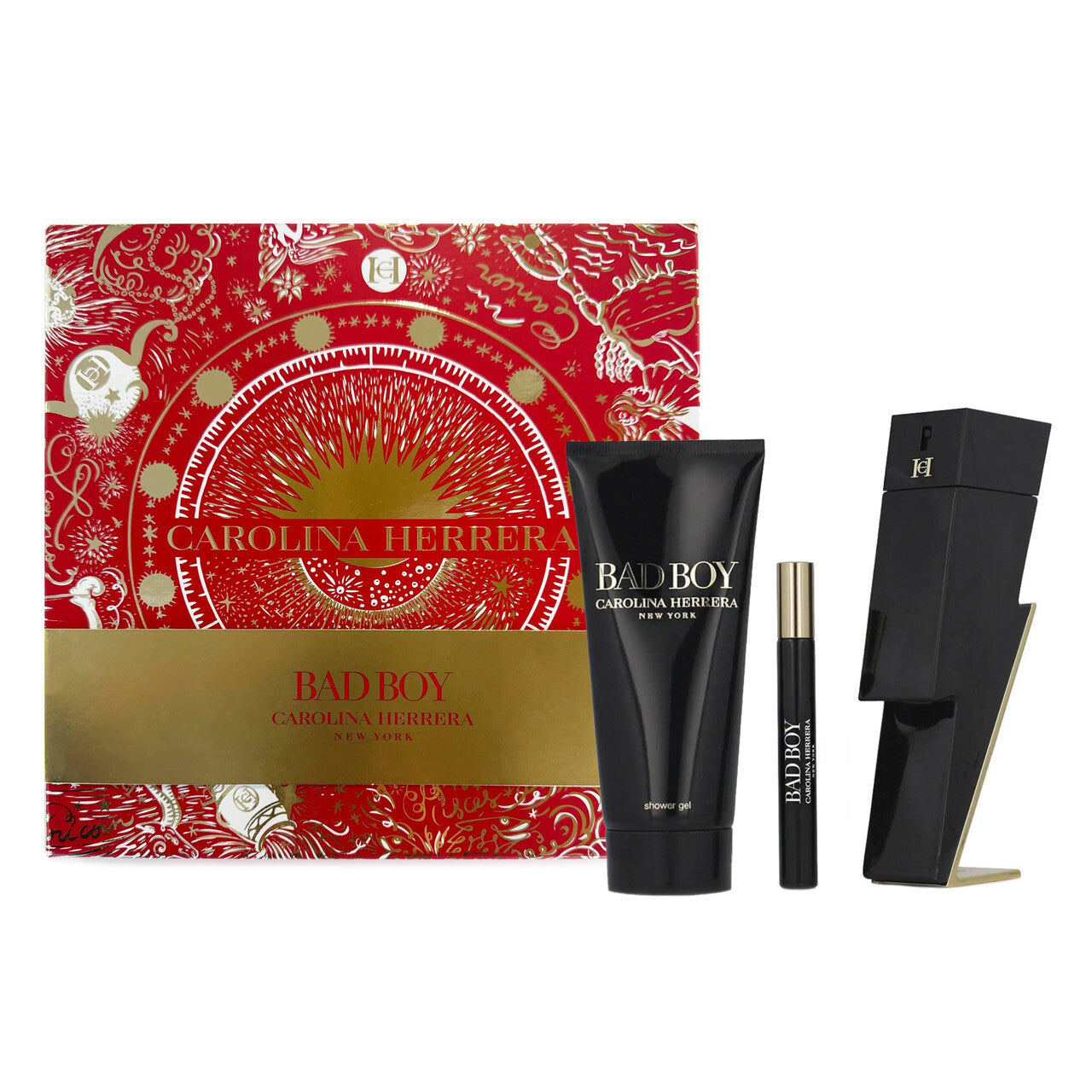 CAROLINA HERRERA BAD BOY 3 PCS SET: 3.4 EAU DE TOILETTE SPRAY + 0.33 OZ EAU DE TOILETTE SPRAY + 3.4 SHOWER GEL