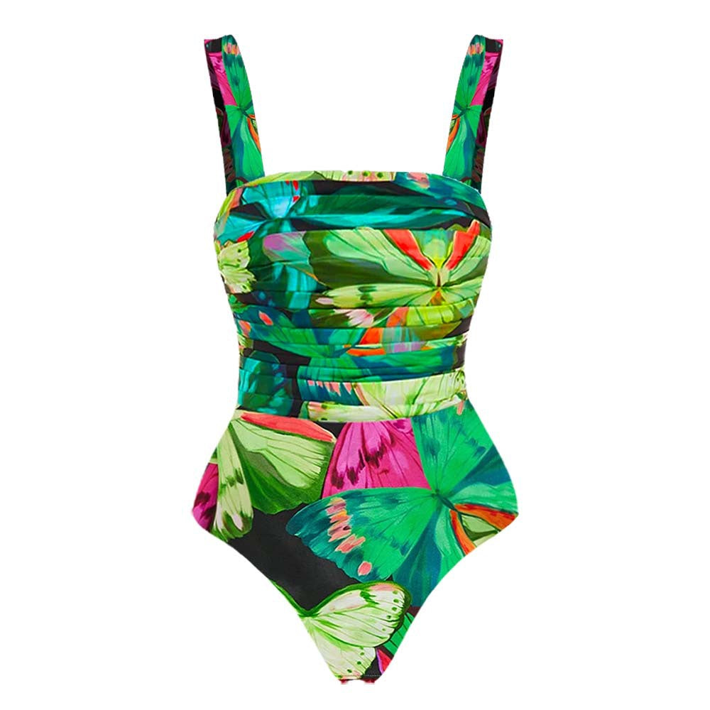 Butterfly Print Sleeveless One-Piece Skirt-Style Swimsuit Set for Women
