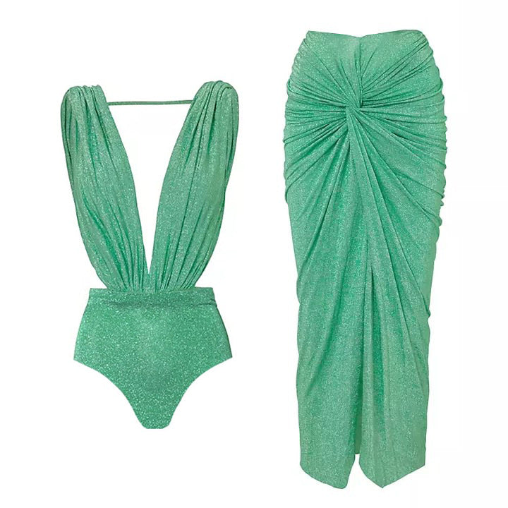 Solid Color Strapless Shiny Fabric One-Piece Women's Swimwear Set