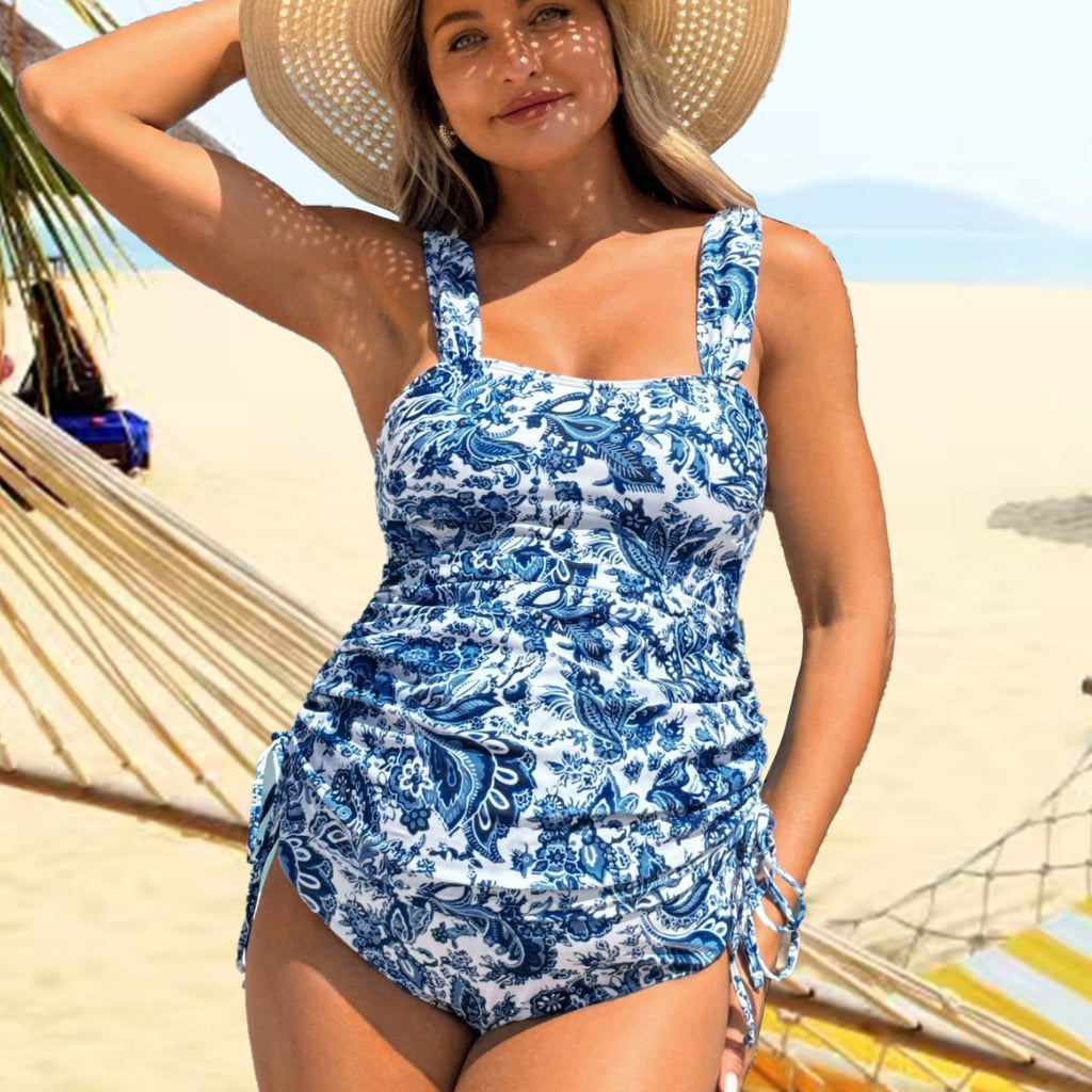 Women's printed pleated camisole one-piece swimsuit