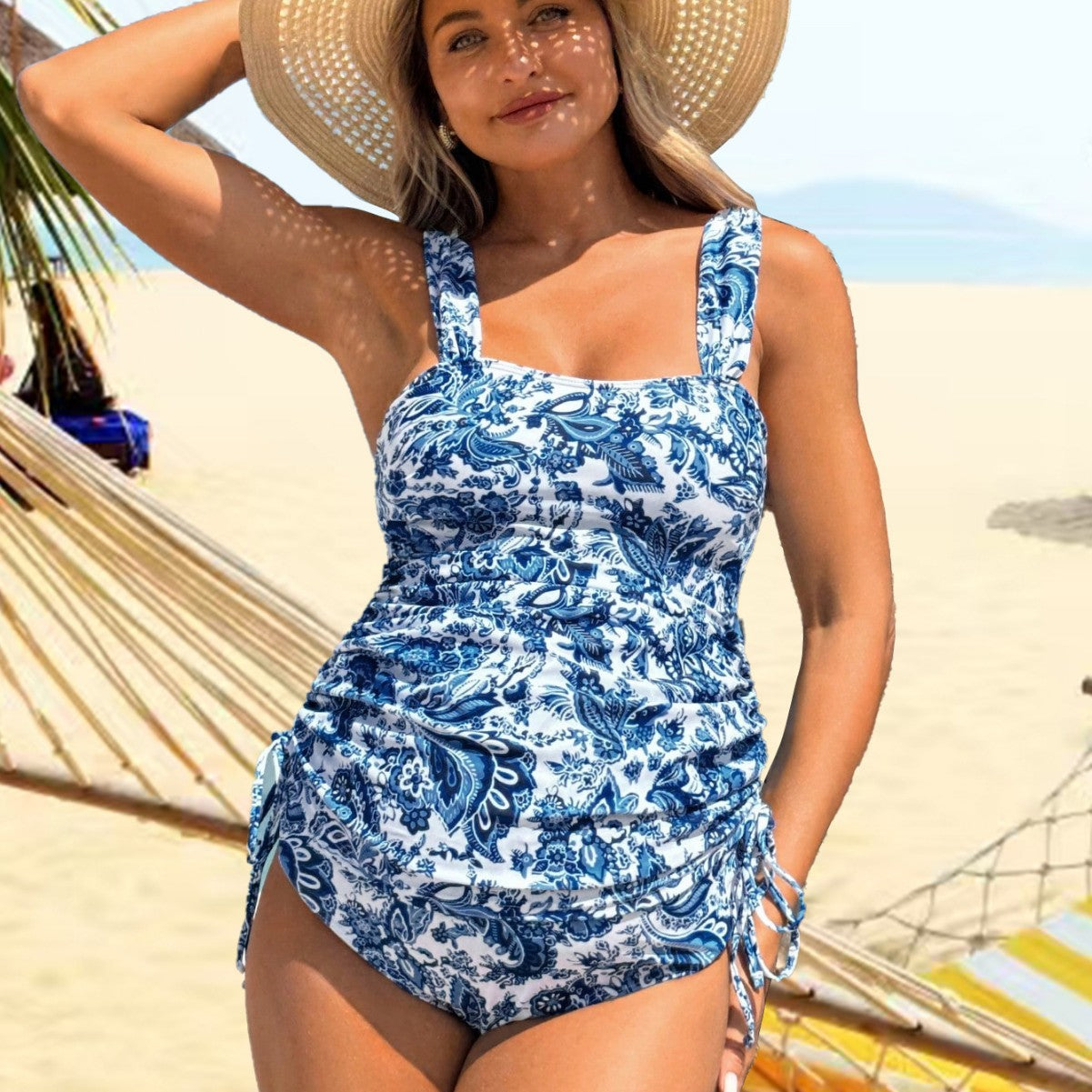 Women's printed pleated camisole one-piece swimsuit